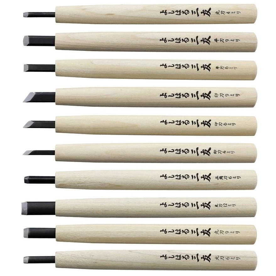 Yoshiharu W-10 Mitomoto Couteaux à Bois Japonais, Set De 10 Avec étui En Tissu 1 Yoshiharu W-10 Mitomoto Couteaux à Bois Japonais, Set De 10 Avec étui En Tissu